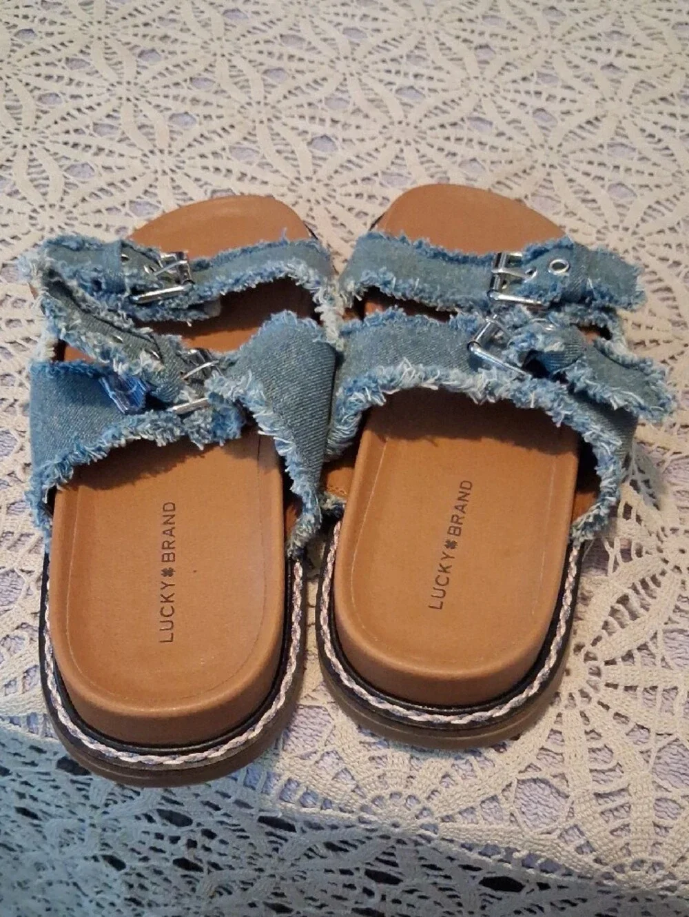 Lucky Brand Kids Frayed Denim Double-Buckle Slide Sandals - Blue